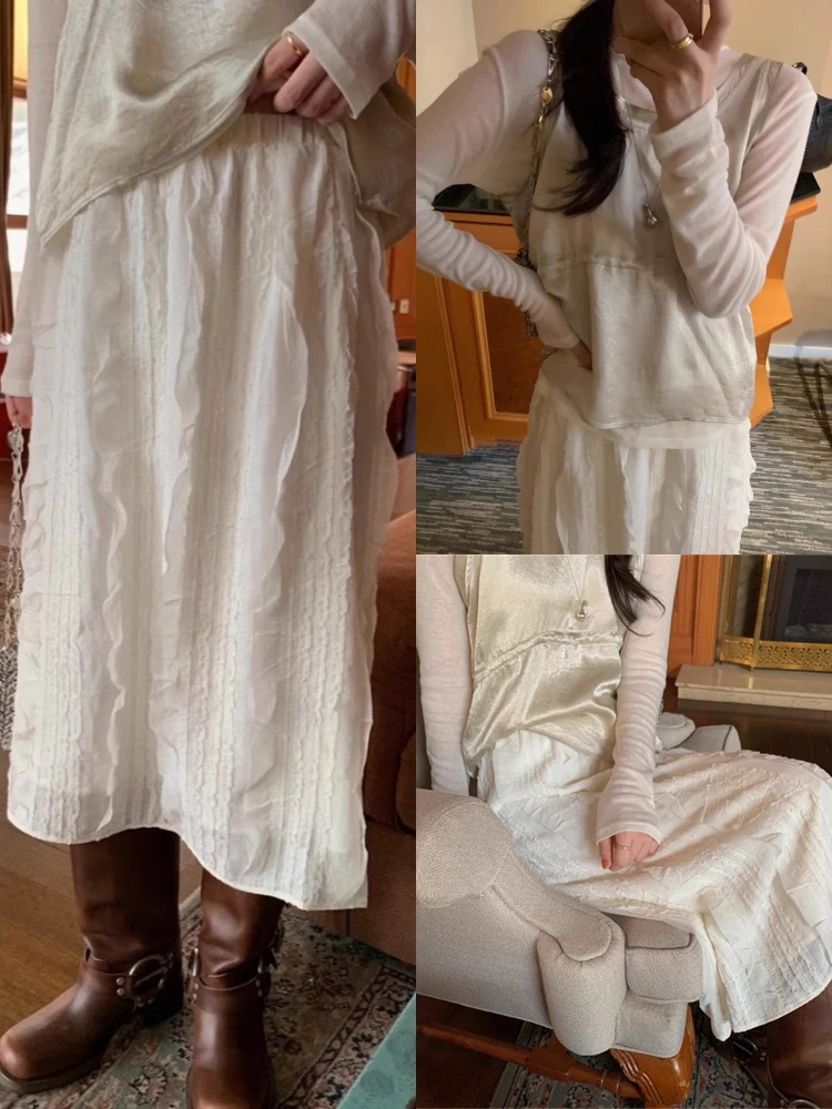 

Ele Белый кружевной волнистый шелковый блестящий жилет и комплект юбки с высокой талией Юбка трапециевидной формы Однотонный весенний модный женский комплект...