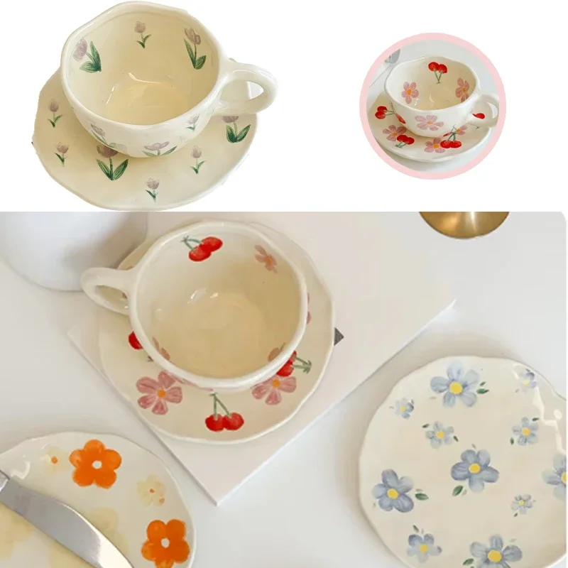 Flower Pattern Ceramic Cup Korean Style Saucer Set Hand Pinched Irregular Coffee Milk Cup Afternoon Tea Tableware Gifts for Home