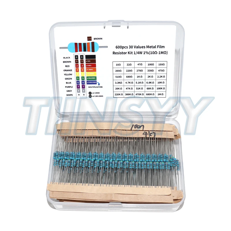 600 Pcs Metal Film Resistor Kit Assorted Kit 30 Values Metal Film Resistor Resistance 1/4W 1ohm-10Mohm 1% Tolerance