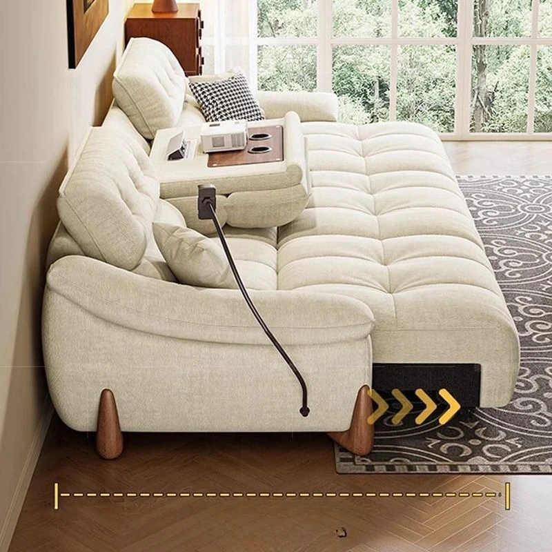 

[Popular] Zero wall cream wind electric function sofa bed small apartment living room retractable chenille
