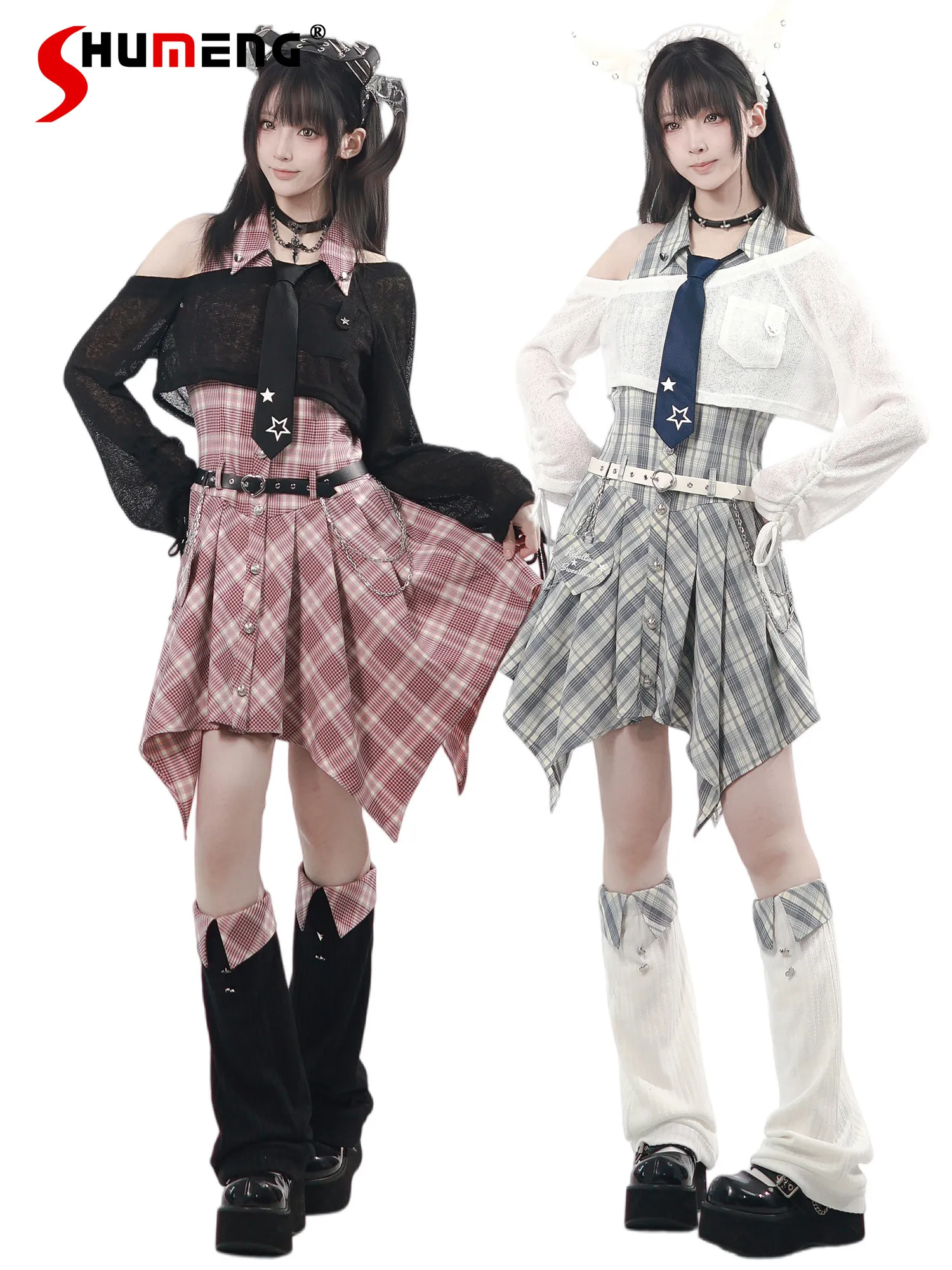 

Original Y2k Clothing Spring and Summer New Punk Sweet Cool Girl Plaid Dress Off-the-shoulder Long-sleeved Top Leg Cover Outfit