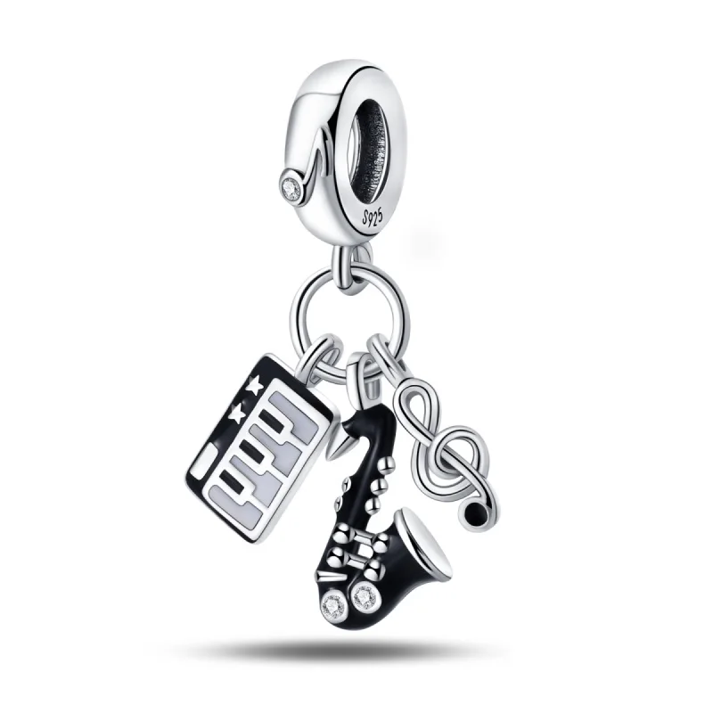 

925 Sterling Silver Charms Bead CZ Zircon Punk Saxophone Guitar Dangle Fit Original Bracelet DIY Women Jewelry Gift