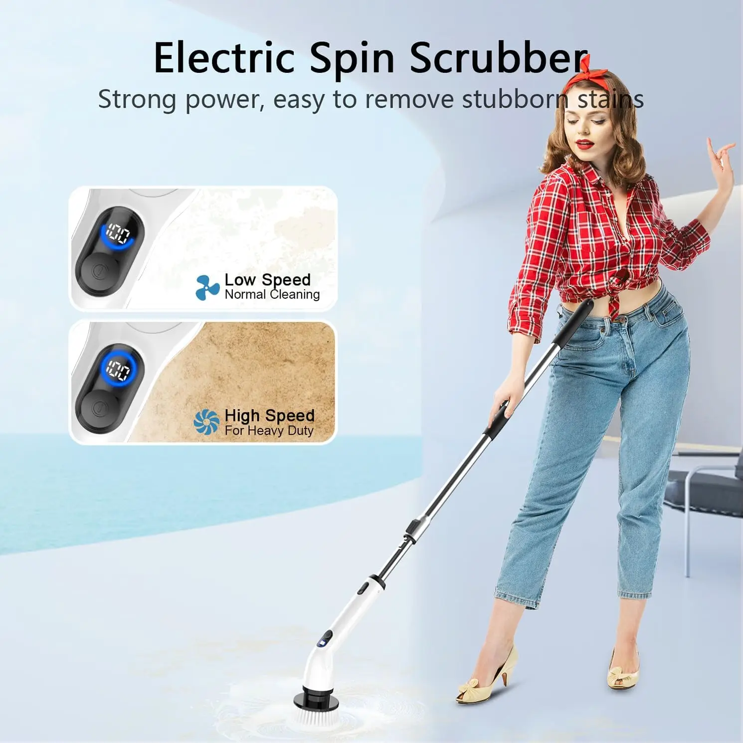 Electric Spin Scrubber, IPX7 Waterproof, LCD Display, Adjustable Handle, Cordless Shower Cleaner for Bath & Kitchen