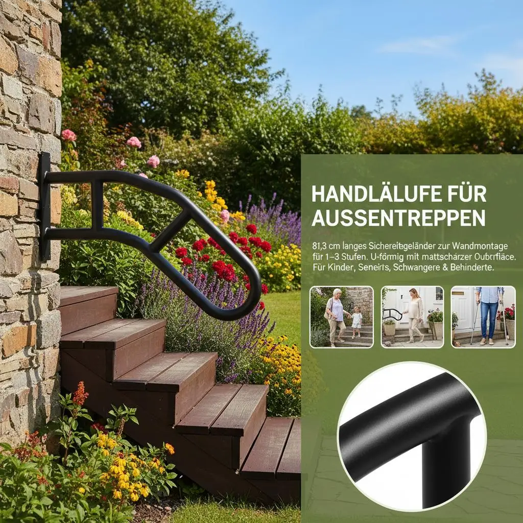 

Handrails for Outdoor Steps, 32" Length Wall Mount Safety Railings for 1-3 Steps, U-Shaped Handrail with Matte Black Finished