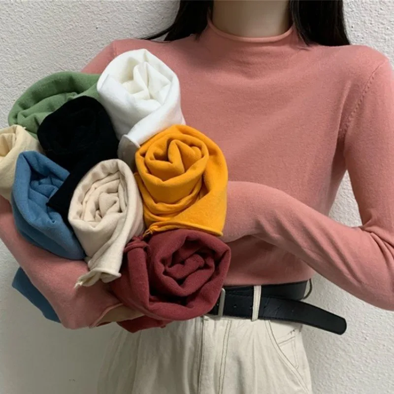 

Elegant Long Sleeve Knitted Base Shirt Women's Spring Autumn 2025 New Versatile High-End Feel Half High Collar Overhead Top