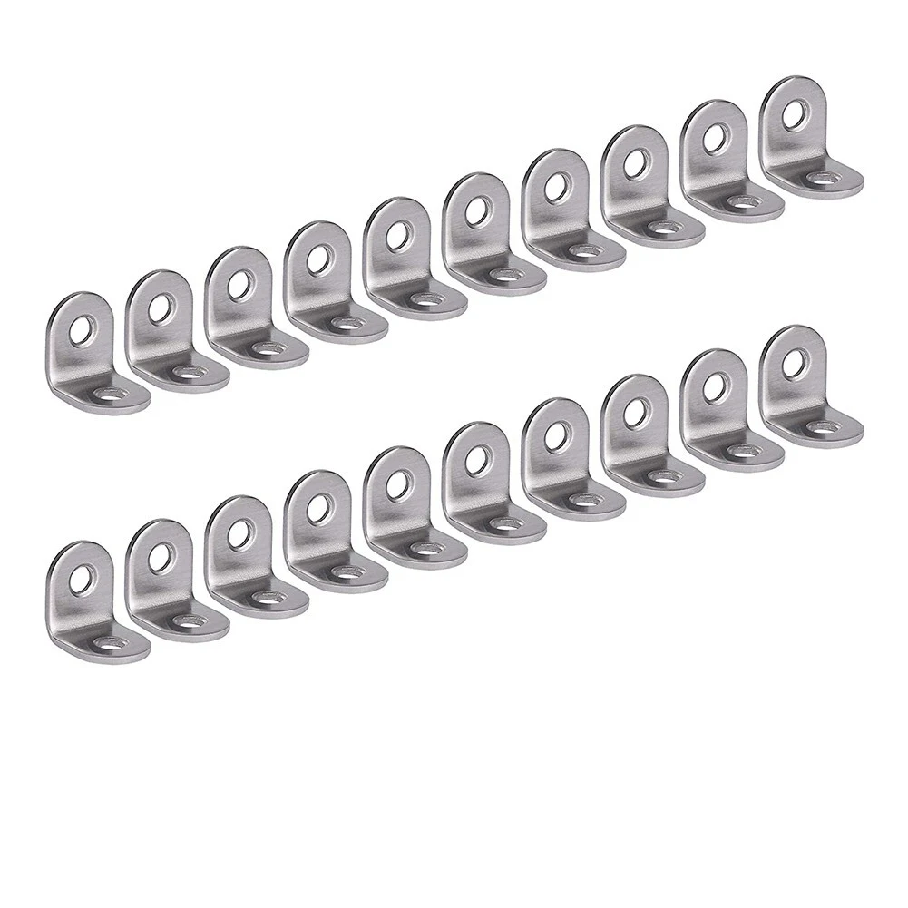 20 suportes de canto em forma de l de aço inoxidável para prateleira de armário e reforço de mesa com furos de parafuso escareados nivelados