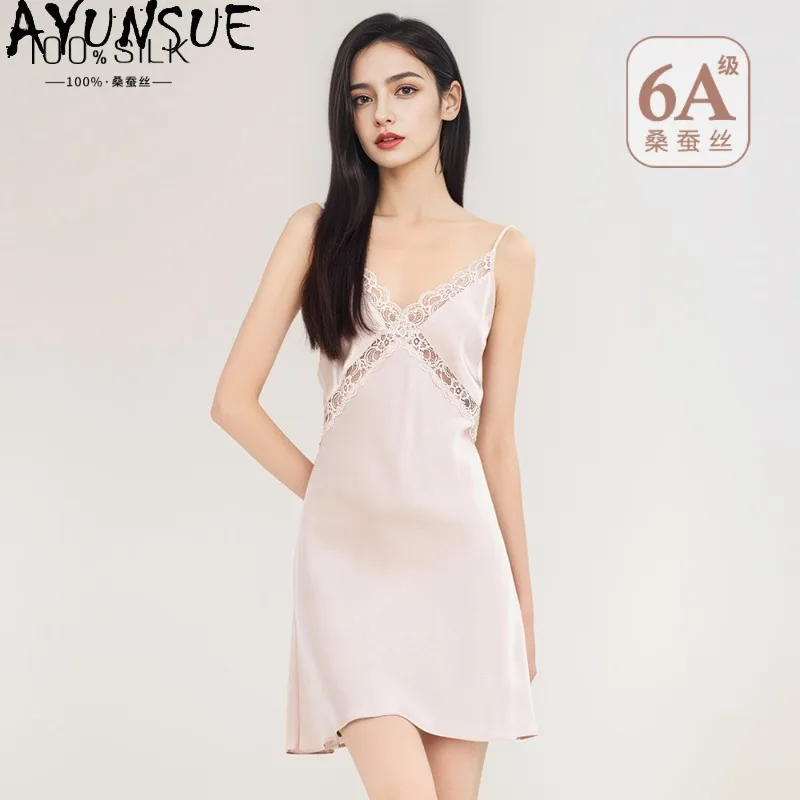 

AYUNSUE 100% шелковые ночные платья для женщин, однотонное кружевное платье, летние пижамы для женщин, сексуальные ночные рубашки с открытой спиной, Pijamas Mujer
