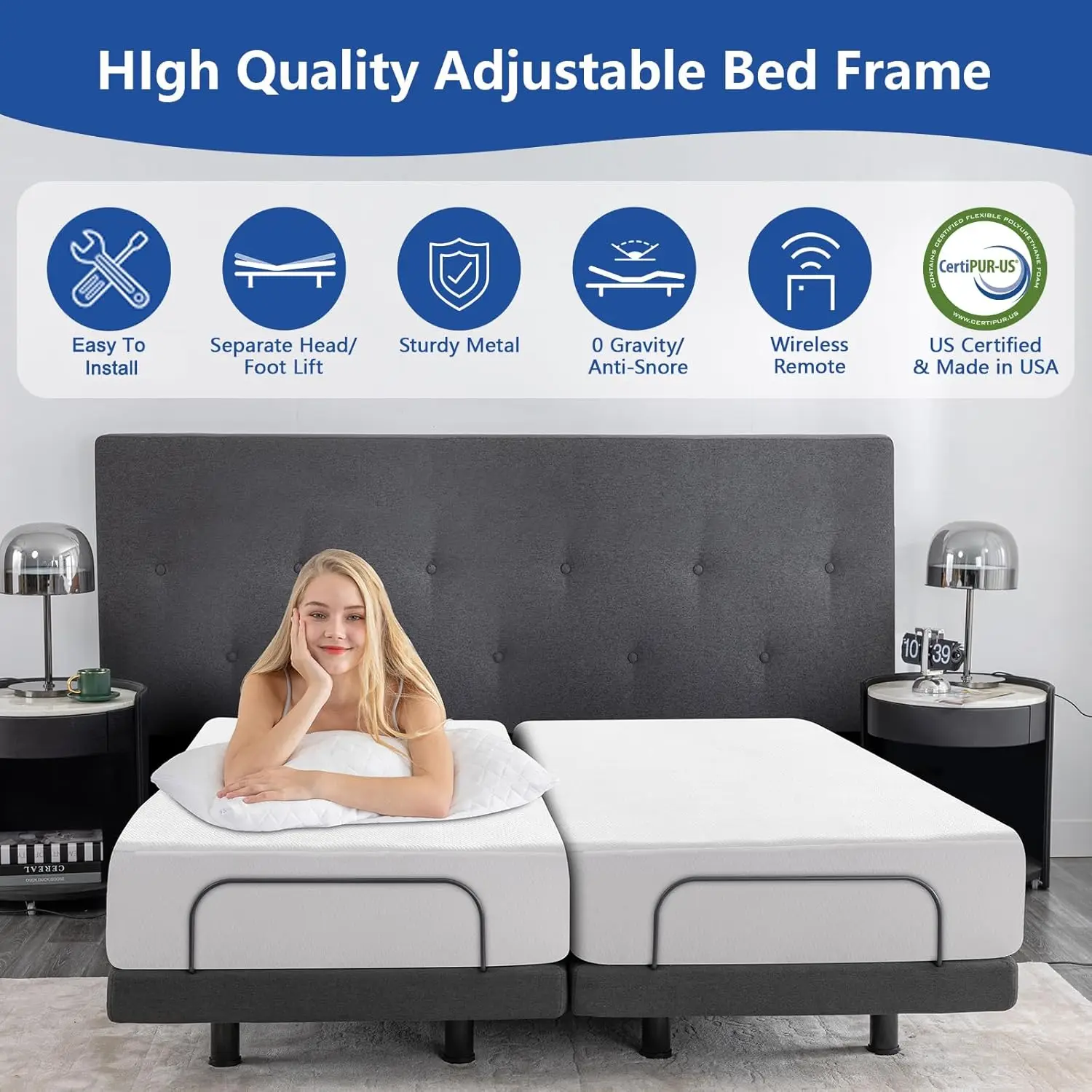 Frame, Adjustable Bed Base with Wireless Remote, Separate Head/Foot Lift, Easy Assembly, Sturdy Metal, 0 Gravity/Anti-Snore, Ele