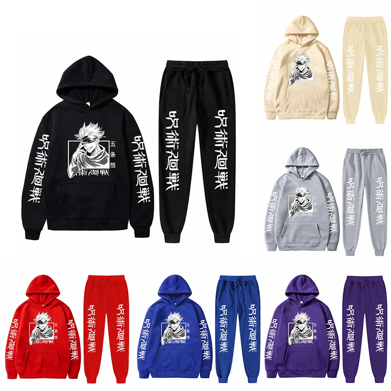 2pcs Jujutsu Kaisen Anime Print Sweatshirts Hoodie Pria Celana Harajuku Pakaian Musim Gugur Streetwear Yuji Itadori Hoodie hadiah