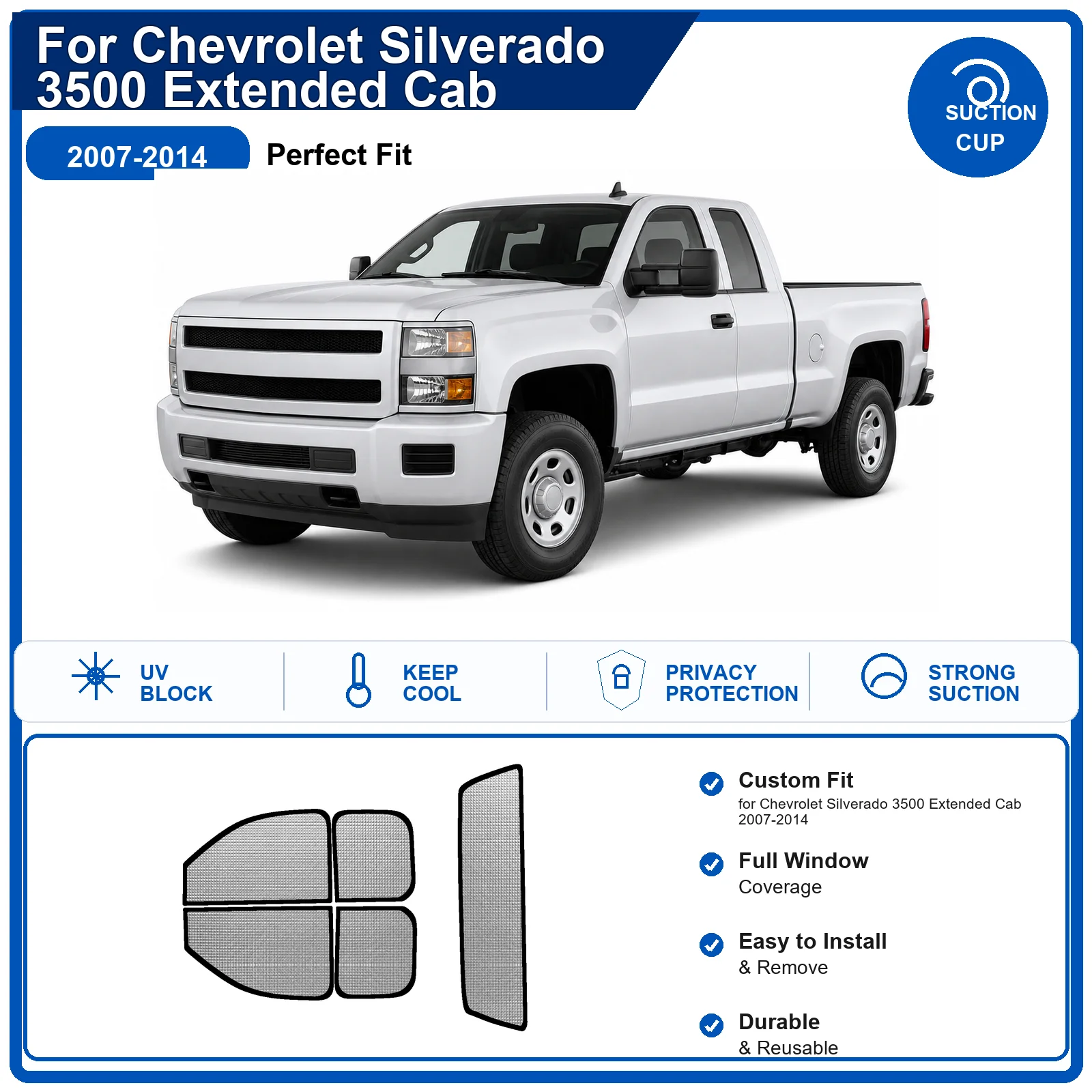 For Chevrolet Silverado 3500 Extended Cab 2007-2014 Custom Full Set Windshield Sun Shade Aluminum Foil Heat Insulation Anti UV F