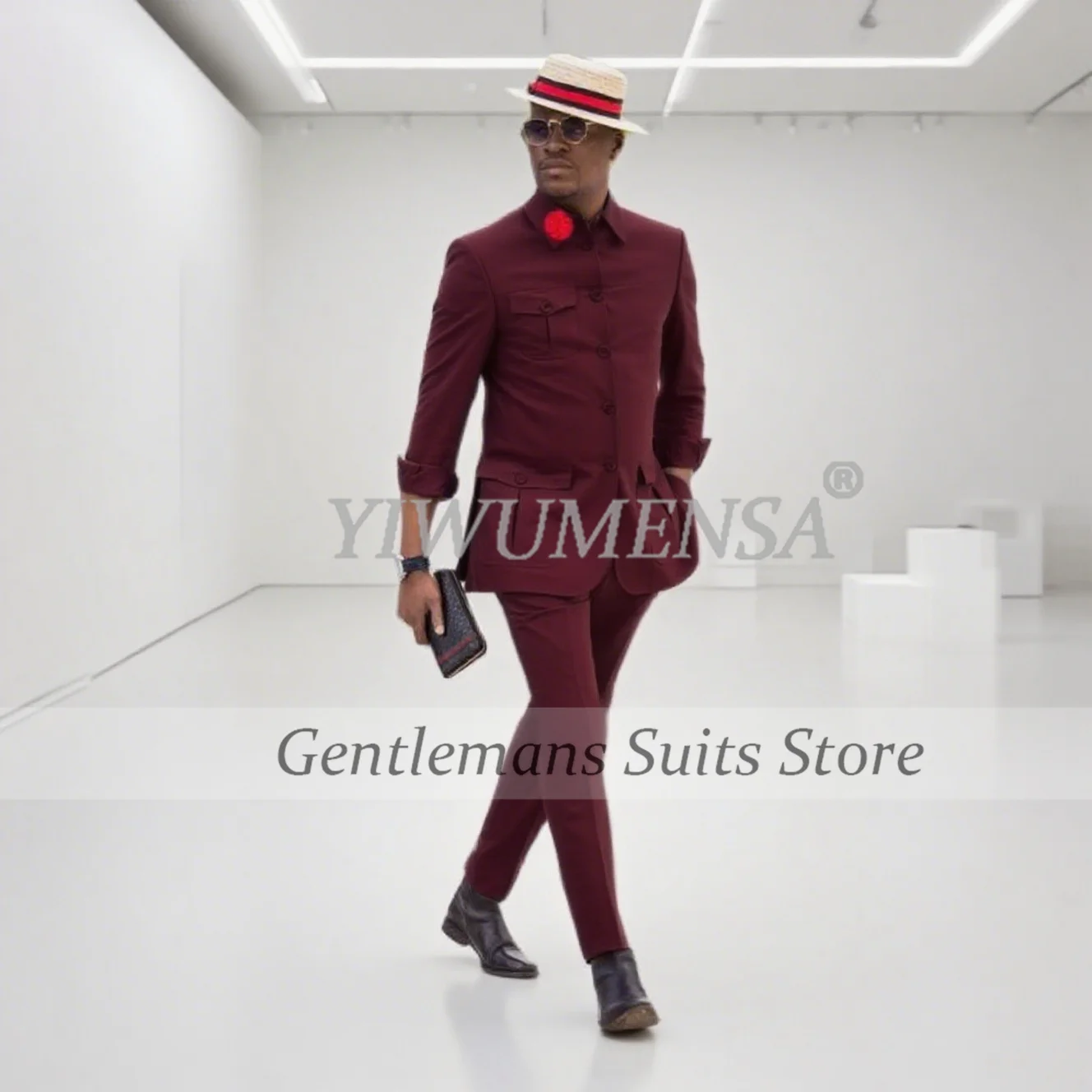 

Classic Business Suits Men 2 Pieces Sets Stand Collar Groom Party Blazers Customized Wedding Tuxedo African costume marron homme