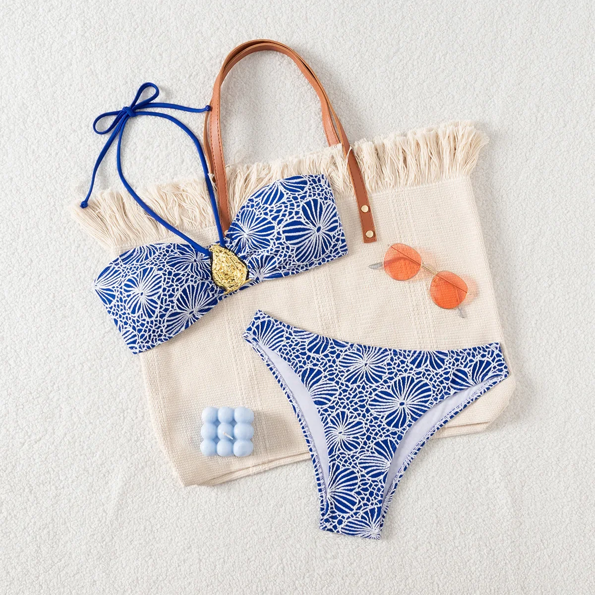 

Bandeau Swimsuit Blue Thong Bikinis Women Sexy Print Halter Swimwear Female Padded Bathers Bathing Swim Suit Beach Wear Summer