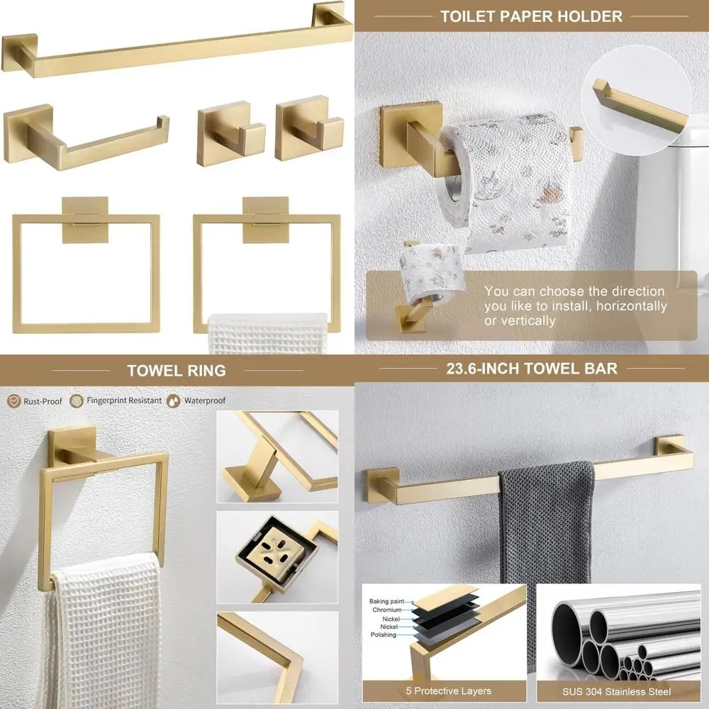 

6-Piece Brushed Gold Bathroom Towel Set: 23.6 Bar, Stainless Steel Ring, Hook & Paper Holder