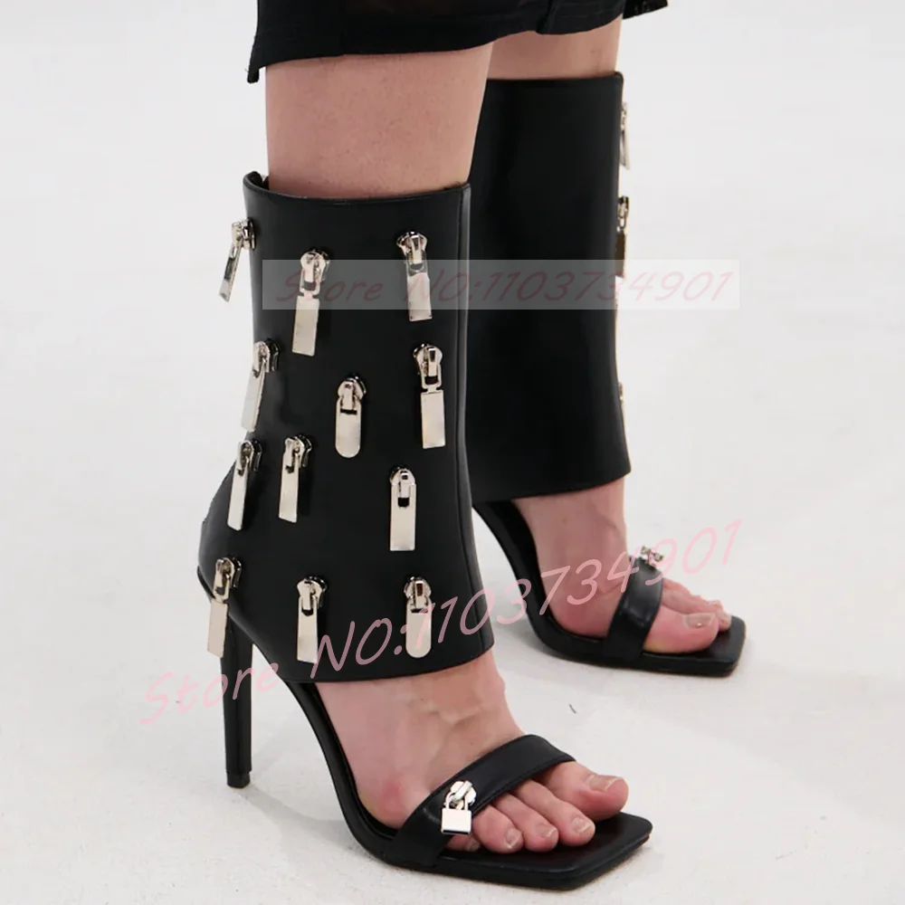 Multi Zipper Detail Sandals Women Nifty Open Toe Black Leather Big Size High Heels Shoes Ladies Rome Style Square Toe Booties