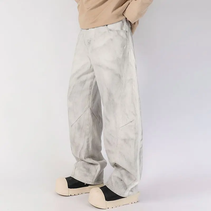 

Hand Painted White Baggy Jeans Men Loosen Fit Straight Leg Wide Pants Male's Street Clothing New
