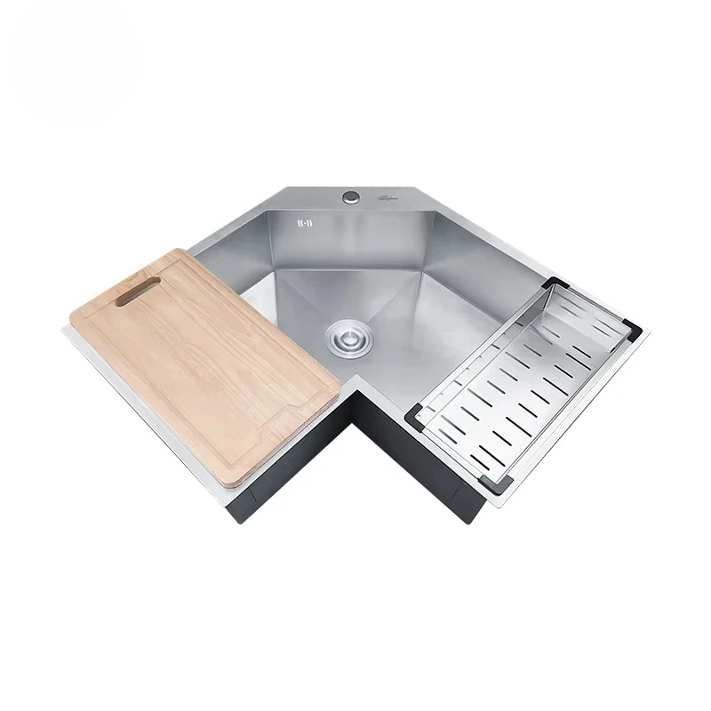Handmade Double Bowl Kitchen Sink with Faucet Nano Black Gold Silver Stainless Steel Irregular Hexagonal Double Hole Drain
