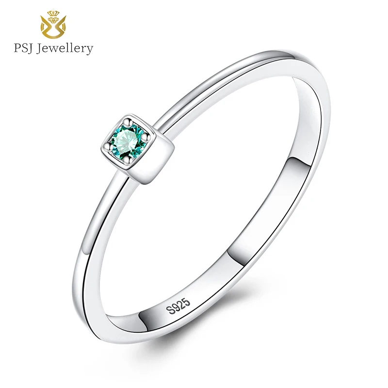 

PSJ Fashion Minimalist Rhodium Plated Round Artificial Gemstone Inlay Promise Solitaire 925 Sterling Silver Rings for Women