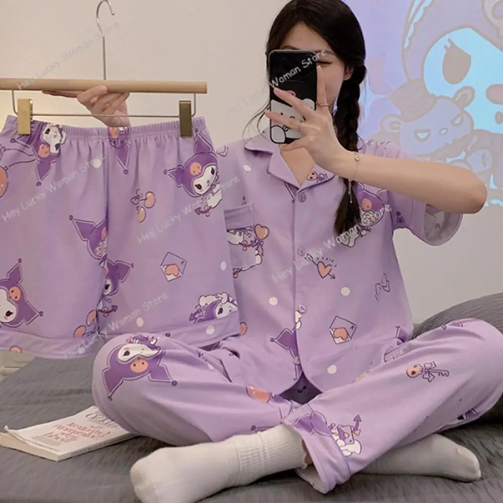 Conjunto de pijamas con pompón Purins para mujer, ropa para el hogar, Sanrios, Anime, camiseta de verano para niñas, pantalones, pijamas informales bonitos de moda para estudiantes, 3 uds.