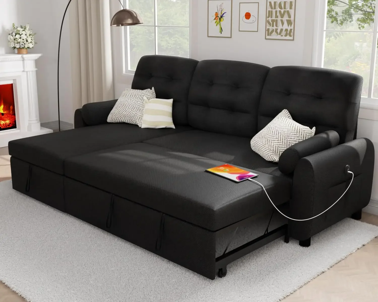 

Sectional Sofa Couch, 87" Sleeper Sofa Bed with Reversible Storage Chaise Pull Out Couch for Living Room Side Pocket