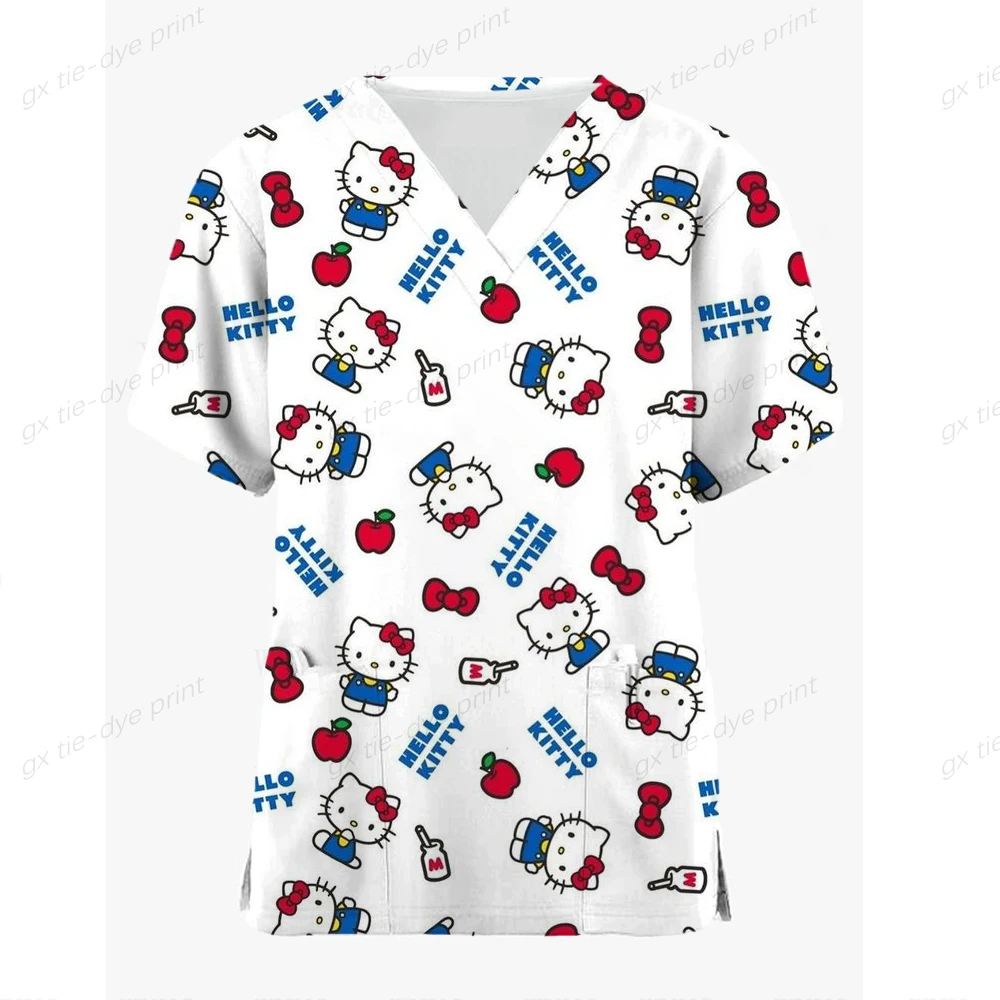 2024 Hello Kitty Print Scrub top donna dentista uniforme da lavoro infermiera Scrub uniformi Medicos Para Mujer Tooth Hospital Workwear