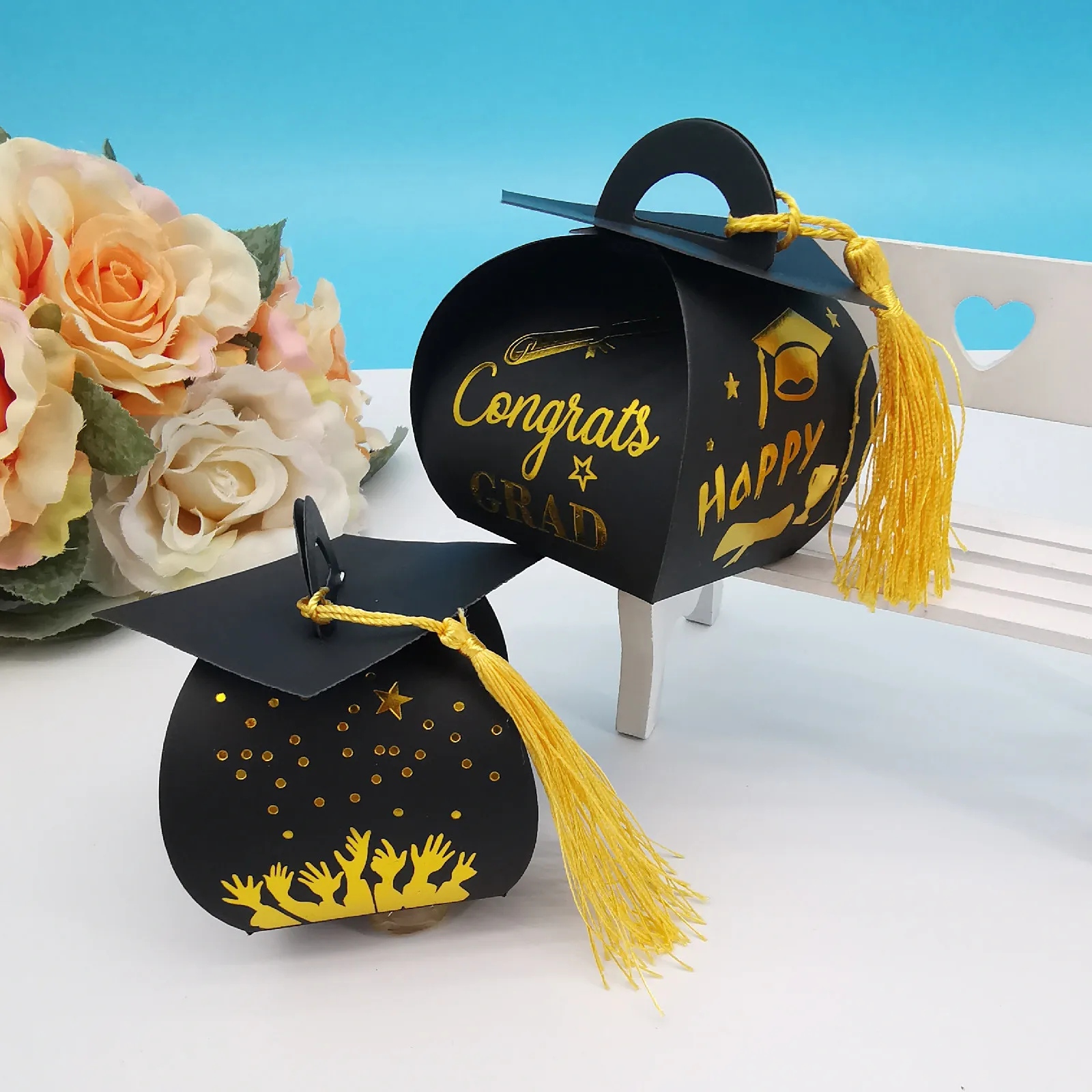 5pcs Grad Cap Shape Gift Box Black Gold Gift Box Candy Chocolate Paper Boxes Celebration Graduation Party Decoration Supplies