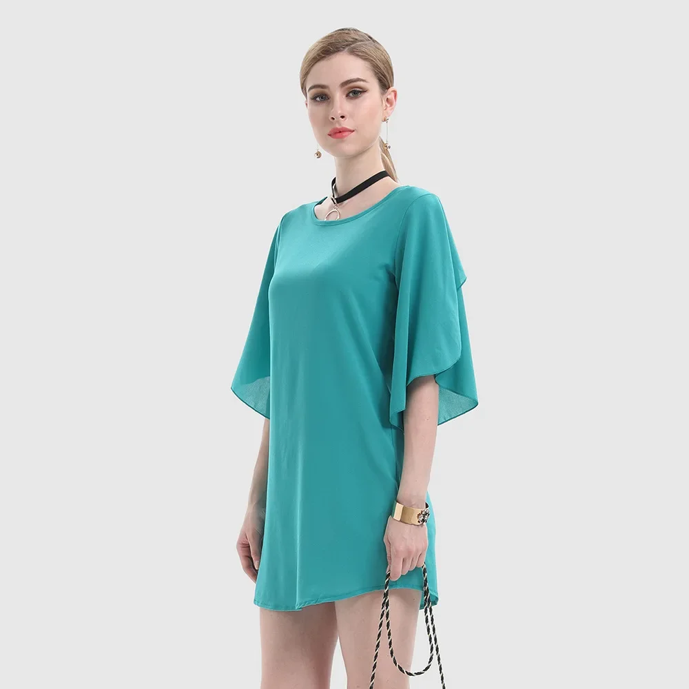 Summer Chiffon Solid Long T shirt O Neck Casual S M L XL Three Quarter Green Yellow High Quailty