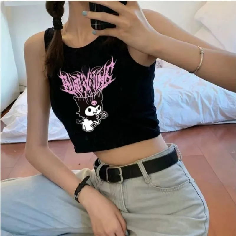 Sanrio Women mi kadınlar tankları üst yaz japon karikatür Y2K kısa kolsuz Tank Streetwear seksi kısa üst siyah yelek kızlar hediyeler
