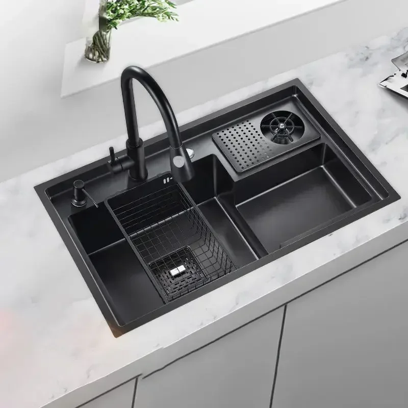 

Stainless Steel Step Large Single Sink Kitchen Household Left Side Undermount Multi-Size Dishwashing Basin With Cup Washer