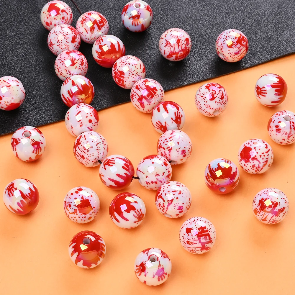 

10Pcs 16mm Halloween Themed Acrylic Bead Blood Red Handprint Printing For Teether Beads DIY Pacifier Chain Jewelry Making