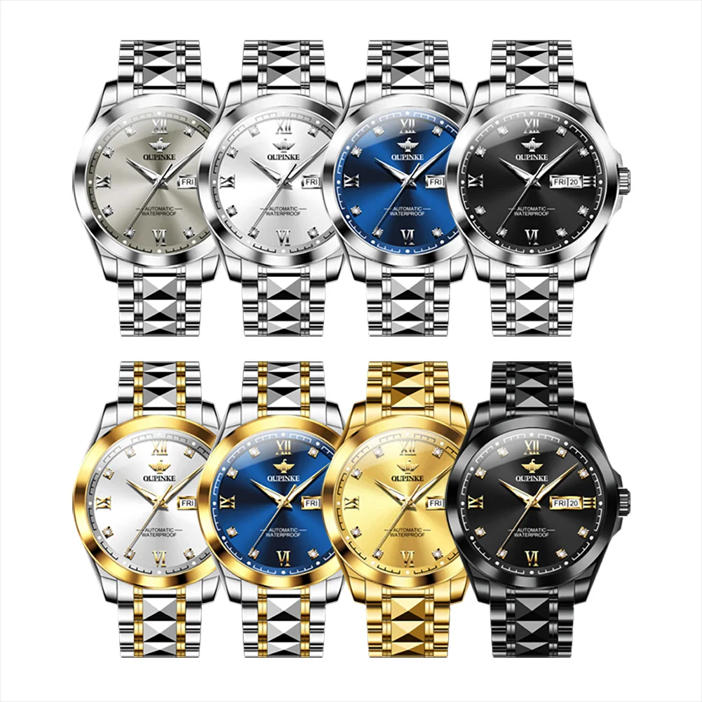 OUPINKE, reloj para hombre 3262, marca superior de lujo, reloj mecánico automático de acero de tungsteno, relojes con fecha semanal resistente al agua hasta 50M para hombre