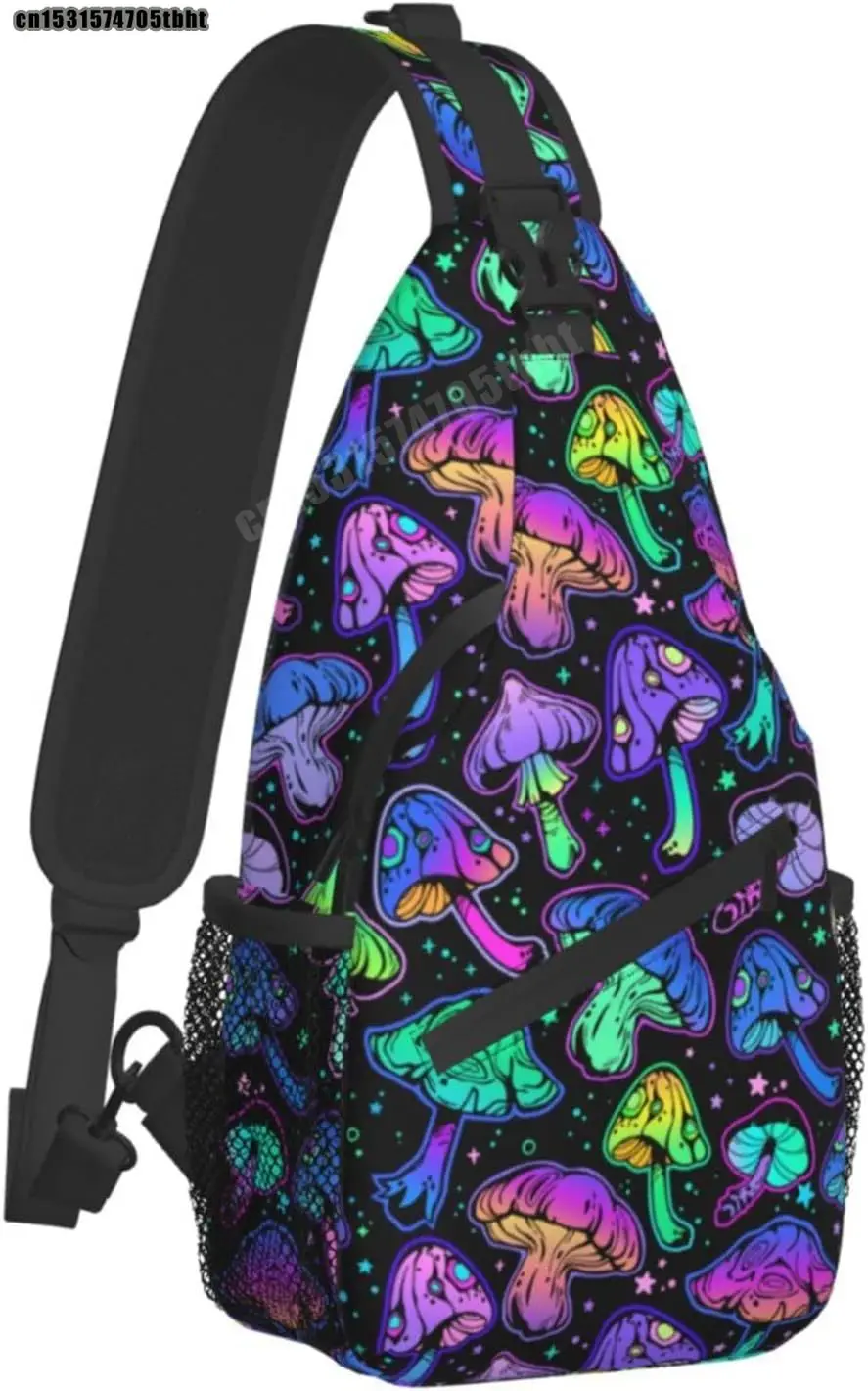 Bright Psychedelic Mushrooms Sling Bag Women Men Backpack Crossbody Bag Travel Hiking Casual Sport Climbing Runners Daypack