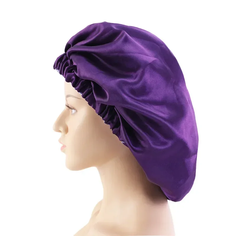 New Fshion Women Satin Night Sleep Cap Hair Bonnet Hat Silk Head Cover Wide Elastic Band Hair Bonnet for Sleeping