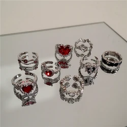 Kpop Fashion Punk Red Crystal Heart Irregular Open Metal Ring For Women Vintage Grunge Aesthetic EMO Y2K Jewelry Accessories