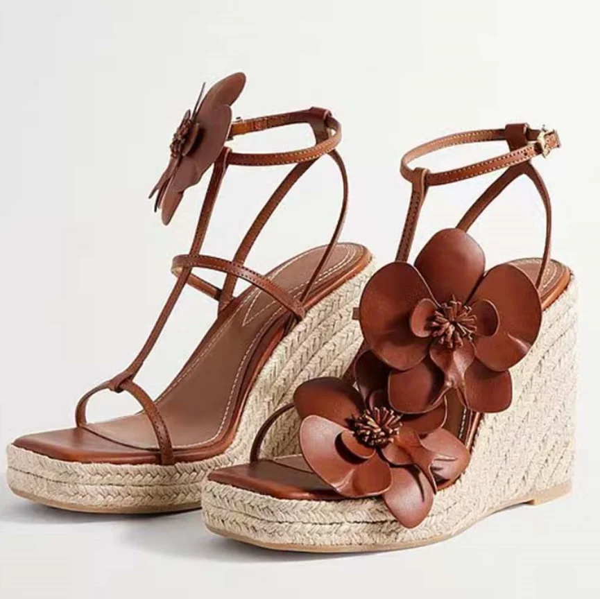 

Square Toe Women Braided Shoes Flower Decor T Bar Straps Open Toe Gold Brown Leather Wedge Summer Weave Slippers