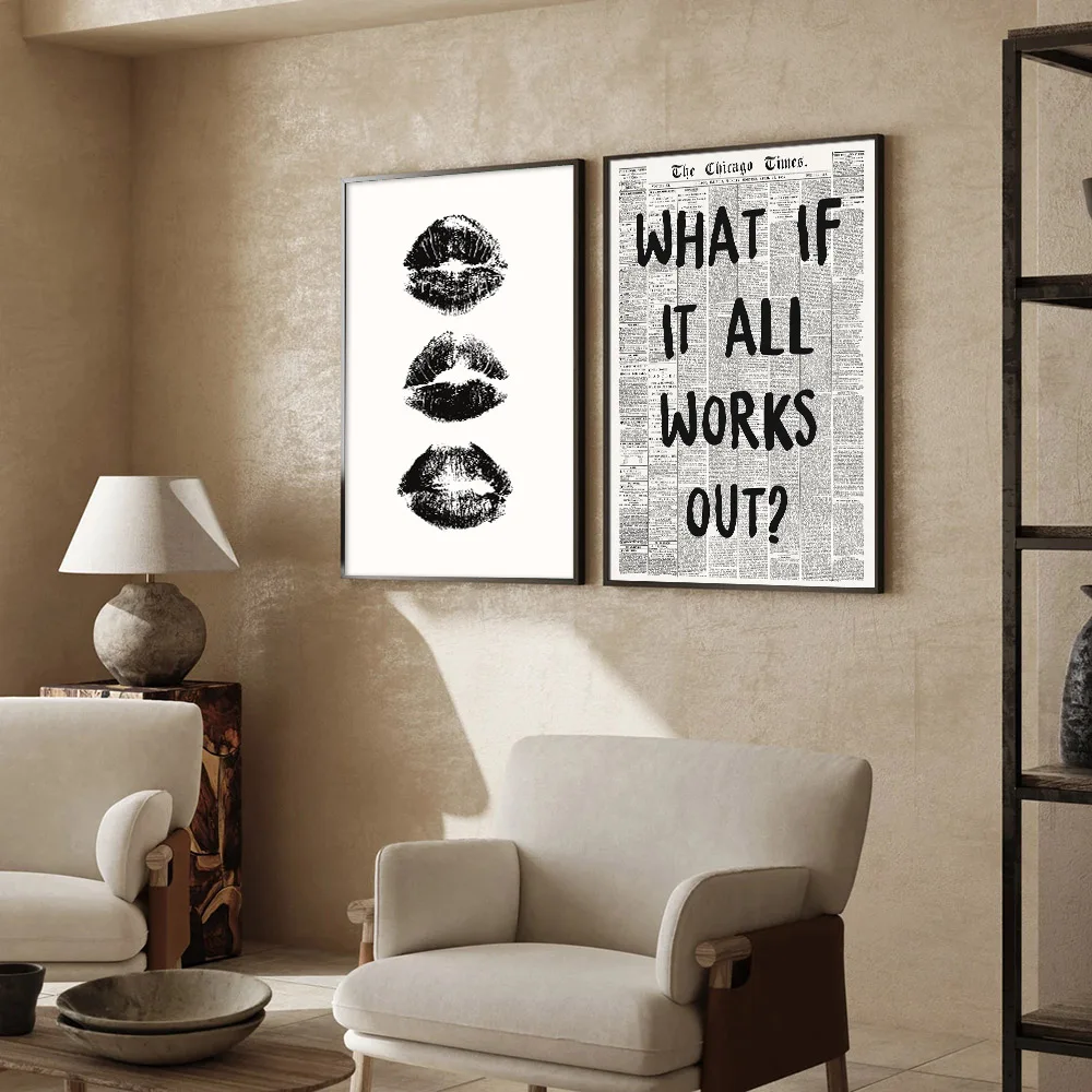 2Pcs Black White Kiss Lips Preppy Art Canvas Poster Aesthetic What If It All Works Out Retro Newspaper Print Home Decoration