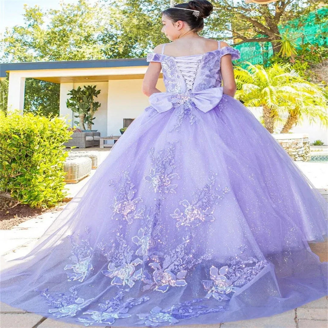 

Небесно-голубое платье с цветочным узором для девочек по индивидуальному заказу, тюлевое платье с цветочной аппликацией и рукавами для свадьбы, дня рождения, вечернего выпускного вечера, банкета, платье принцессы