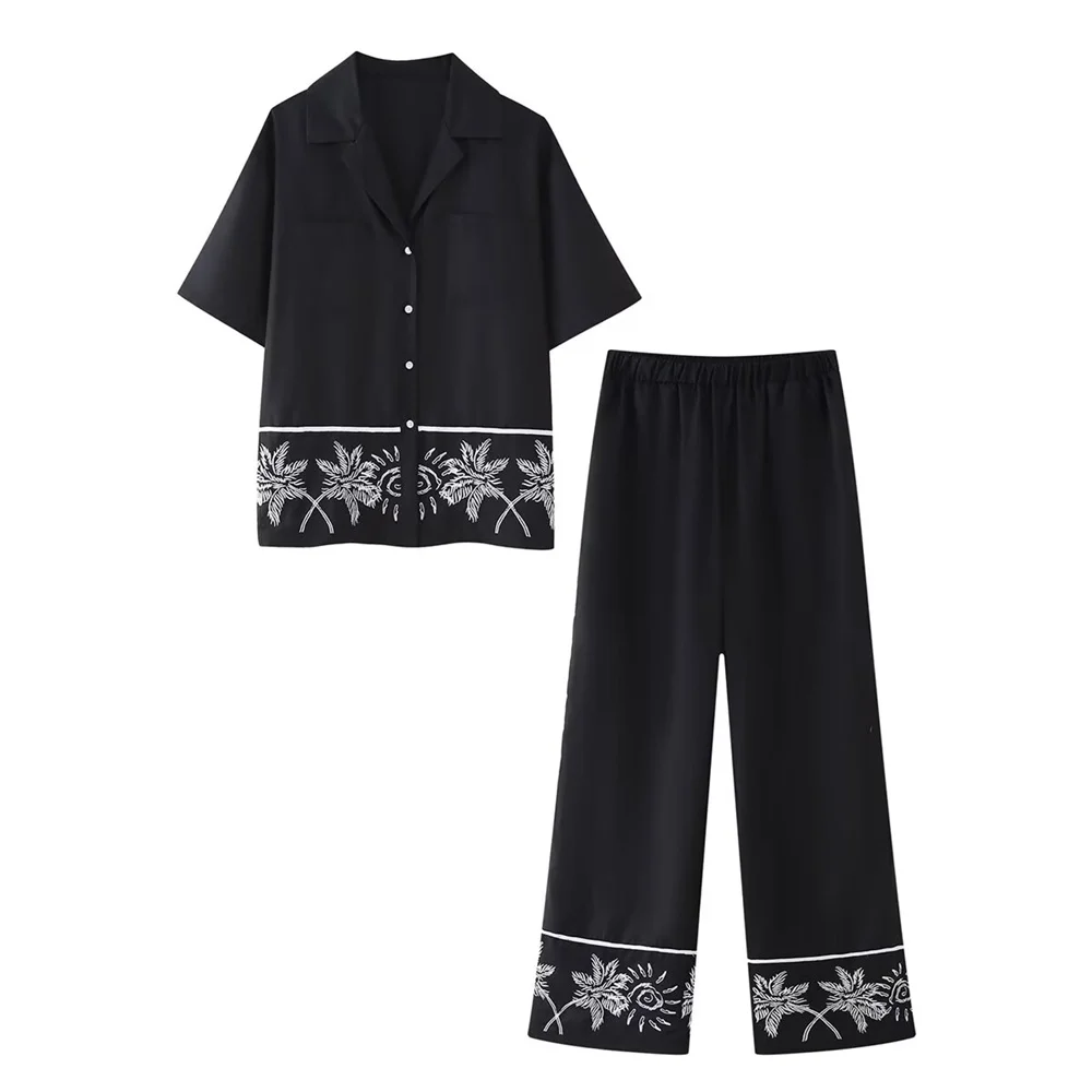 PB&ZA2024 Summer New Product Casual Women\'s Fashion Embroidered Collar Short sleeved Shirt High Waist Casual Pants Set