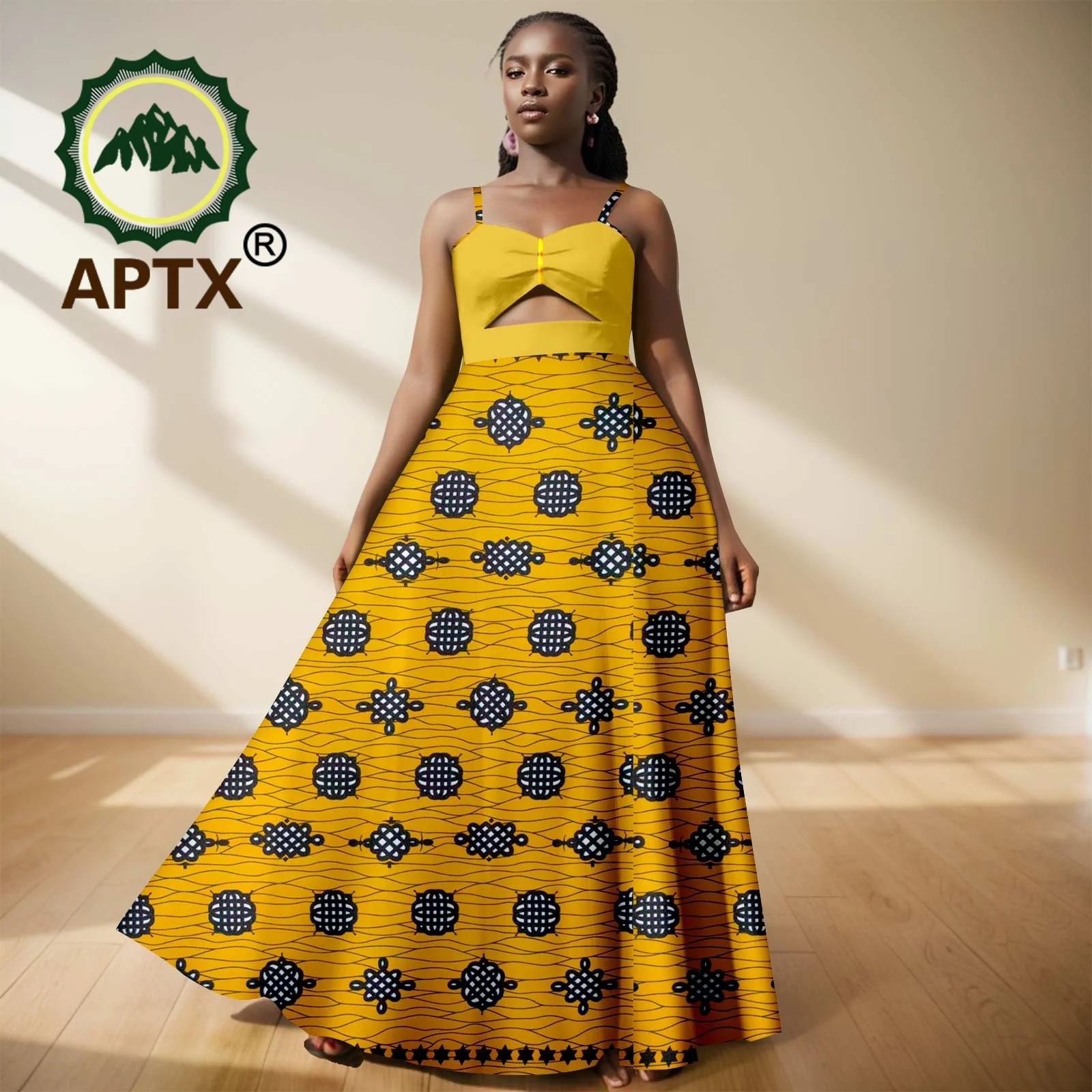 African Women's Dashiki Printed V-Neck Sleeveless High waist Hollow Out Floor-Length Dress Casual Party