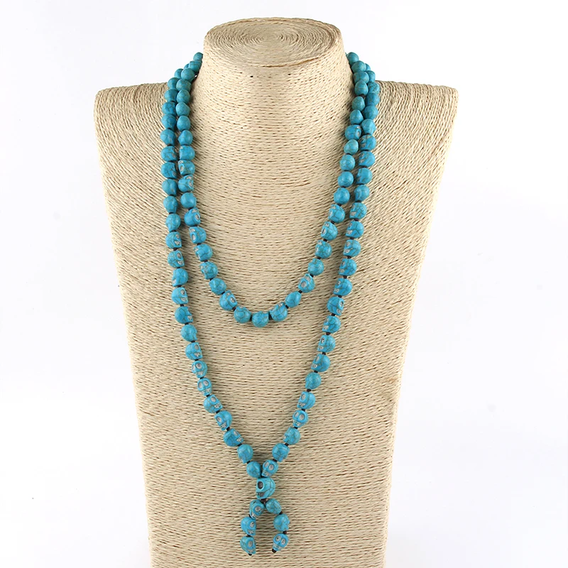 Bohemian Jewelry Blue Long Knotted Tibetan Buddhism 108 bone Skull Heads Prayer Bead Mala Necklace
