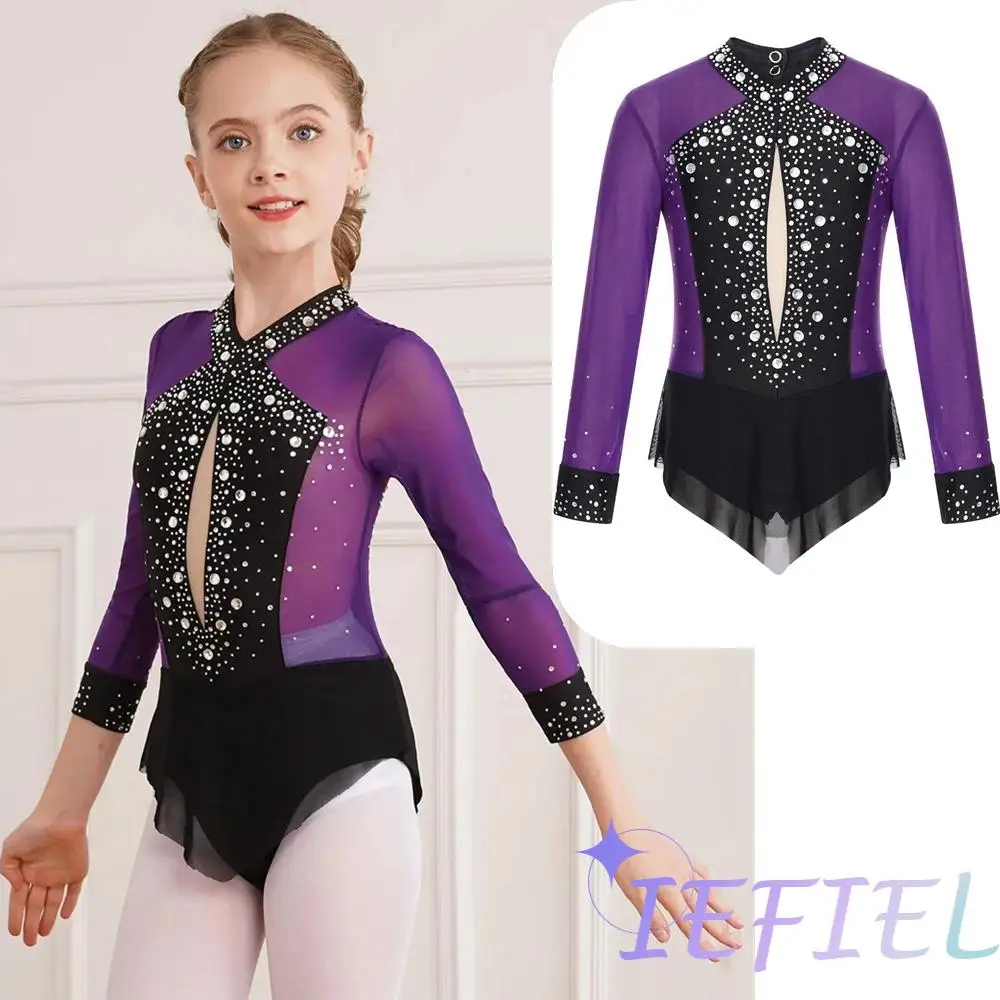 Kid Girl Sparkly Rhinestones Ballet Dance Leotard Skirted Fancy Figure Skating Rhythmic Gymnastic Athletic Activewear Biketard