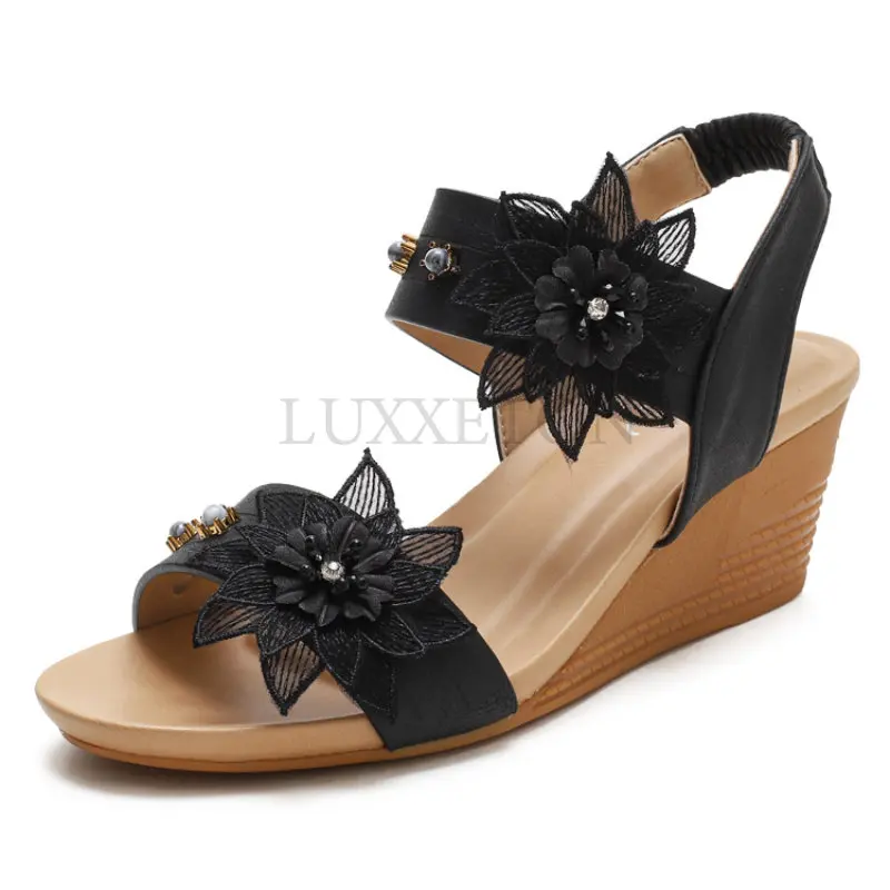 Wedges Gladiator Floral Sandals For Women Heeled Embroidery Vintage Casual Beach Shoes Summer Comfy Open Toe Rome Style Size 42