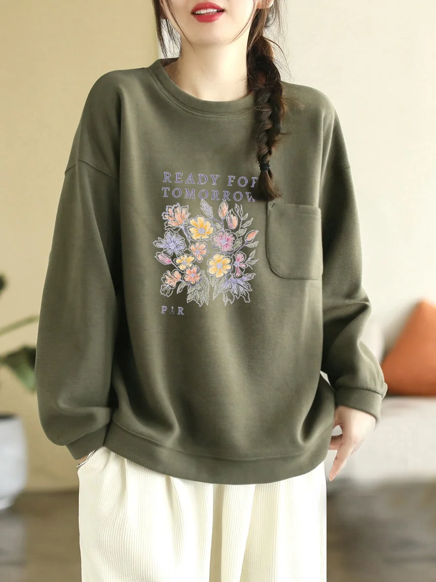 100% Cotton Long Sleeve Hoodie Women's Autumn Winter Large Size Slimming Trendy Top with Pocket Artistic Commute Style