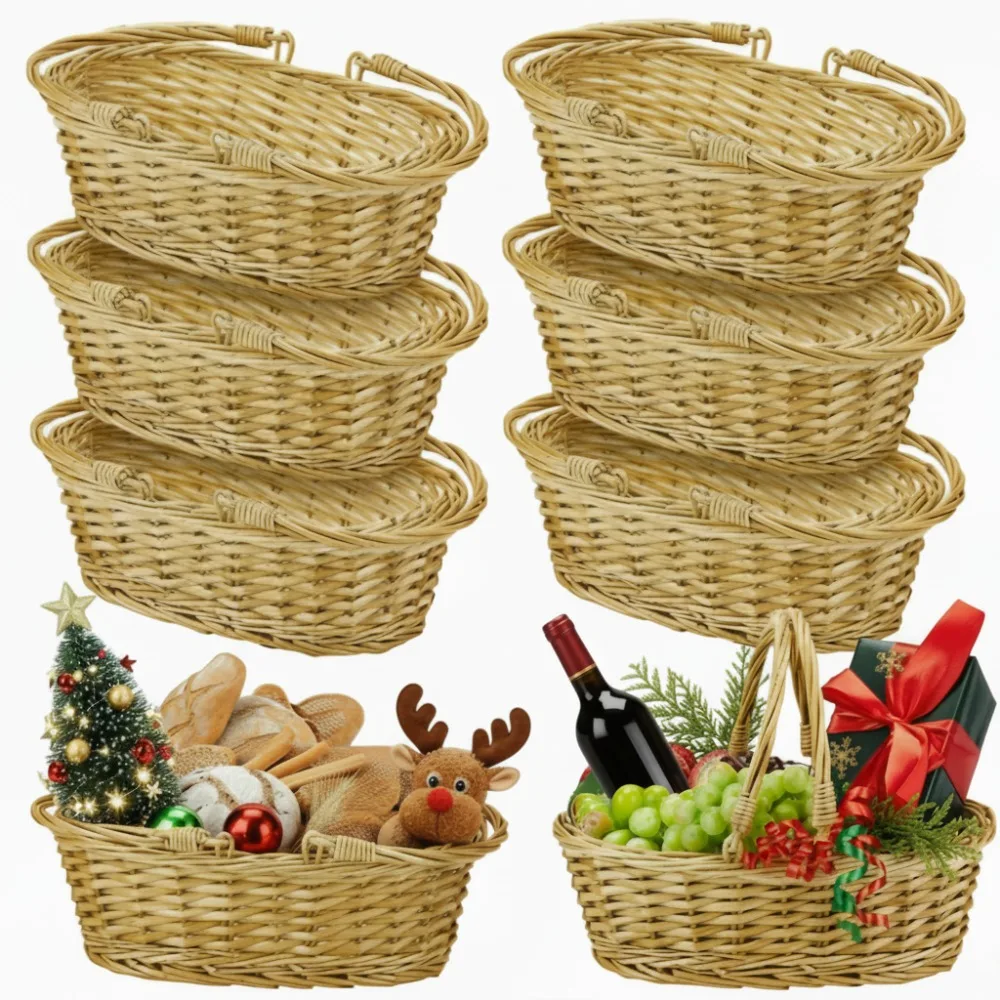 

6-Pack Small Wicker Picnic Baskets with Foldable Handles for Harvest, Gift, and Party Storage Decor