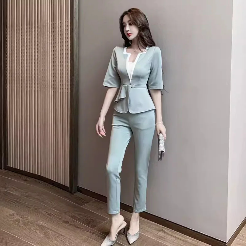 Black Business Overalls Fashion Ruffle Half Sleeve Shirt Tops Ladies + Slim Straight Suit Pants Work Clothes Women Office Suits