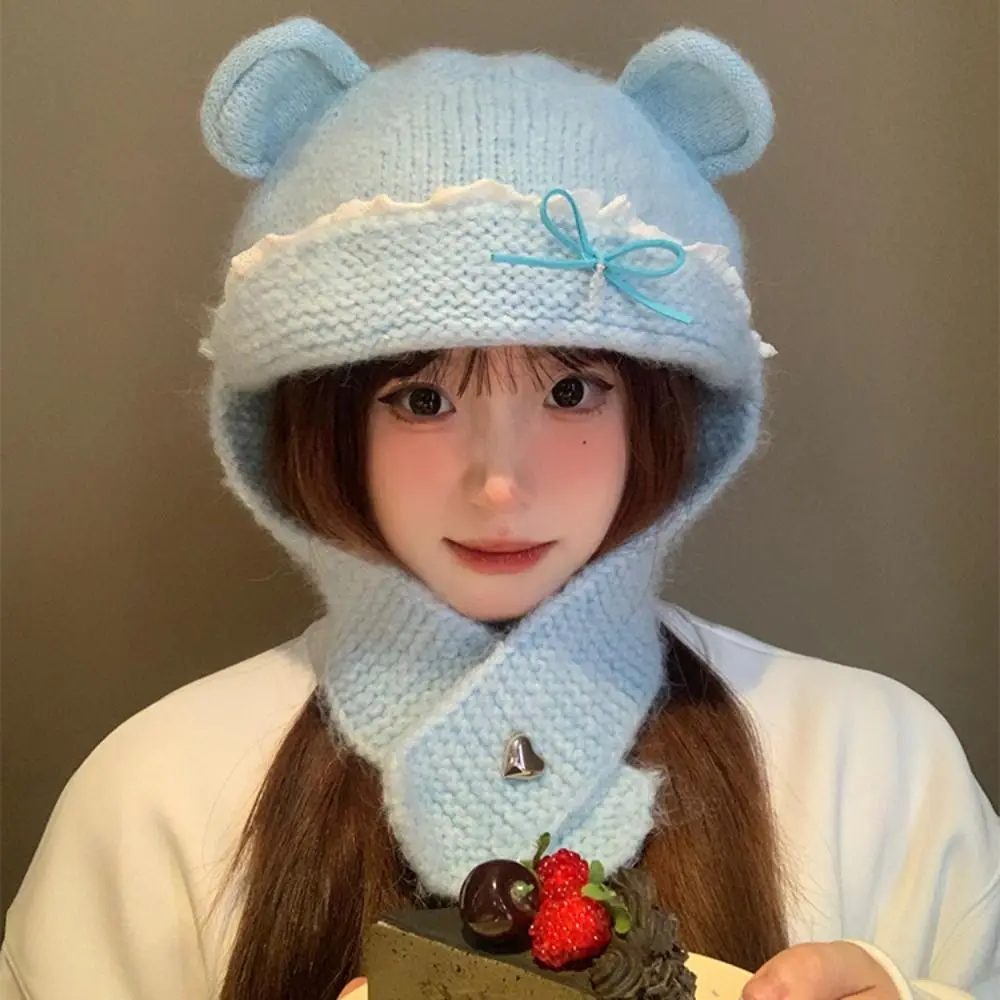 

Милая вязаная шапка с милыми медвежьими ушками, шерстяная теплая шапка с воротником на шее, шапка с бантом, защита шеи, пуловер, женская кепка