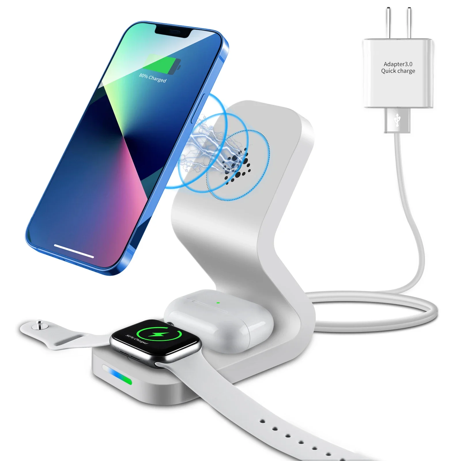 ホルダー付き3-in-1ワイヤレス充電器、水平・垂直両用、3台同時充電、ios対応