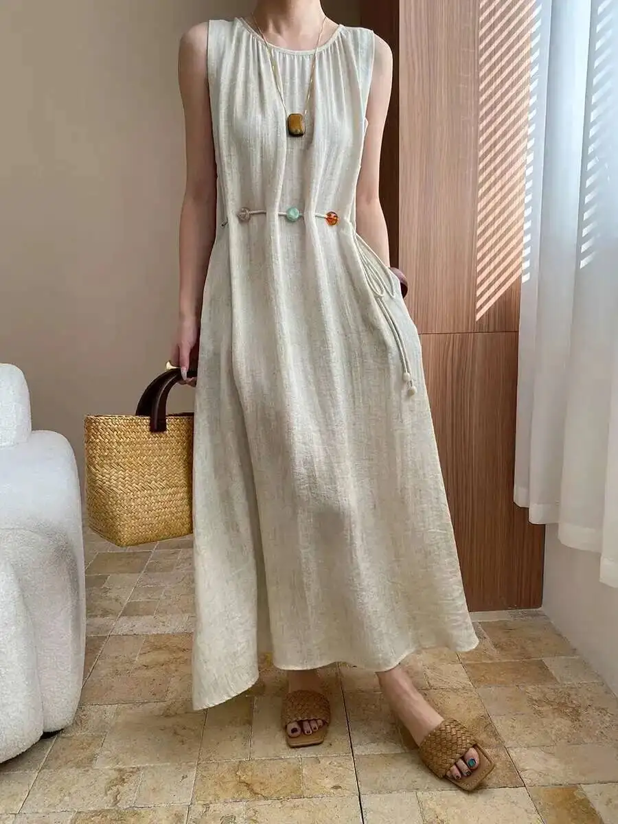 

Новое летнее повседневное женское платье без рукавов с круглым вырезом, однотонное, свободного кроя, в корейском стиле, весна-лето 2025 BQ0M