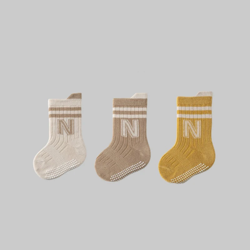 3Pairs/set Baby Letter Socks Soft Cotton Children Mid Tube Socks Solid Stripe Kids Boys Girls Sports Anti-Slip Floor Sock 0-5Yrs