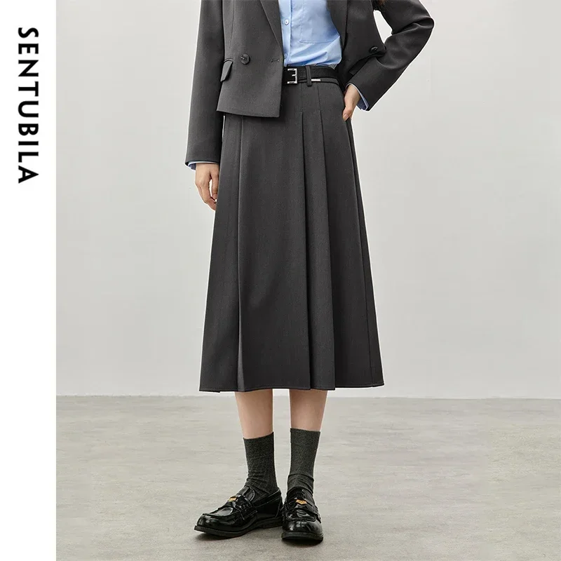 

SENTUBILA Texture Pleated Skirts Women 2024 Spring Autumn Preppy Style Commute A-lin Solid Long Skirt Female Clothing 143Q57315