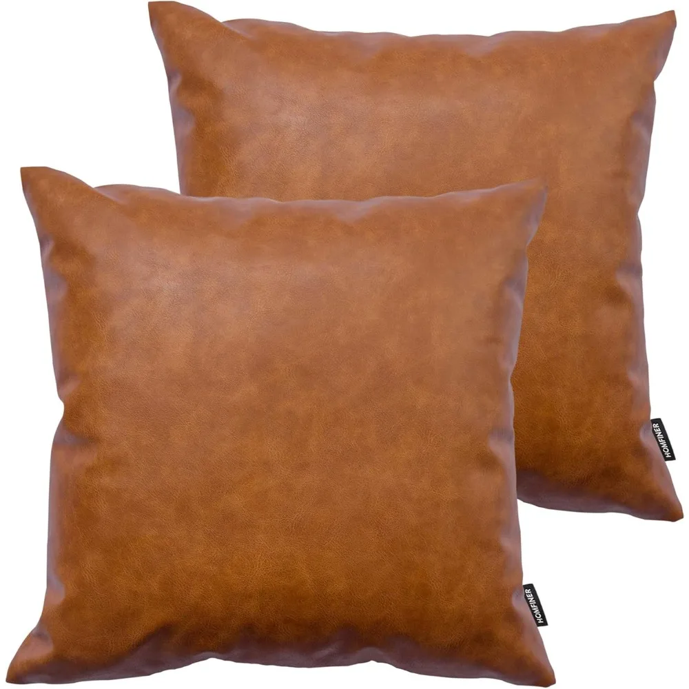

Thick Cognac Brown Faux Leather Pillow Covers, 22x22 Inches, Set of 2 Modern Minimalist Square Cushion Cases